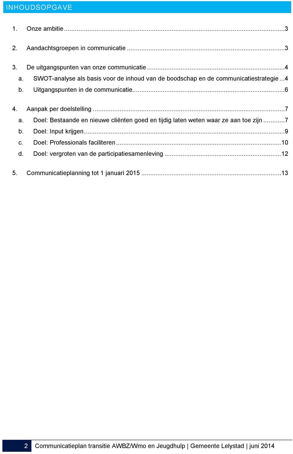 ..7 a. Doel: Bestaande en nieuwe cliënten goed en tijdig laten weten waar ze aan toe zijn...7 b. Doel: Input krijgen...9 c. Doel: Professionals faciliteren.