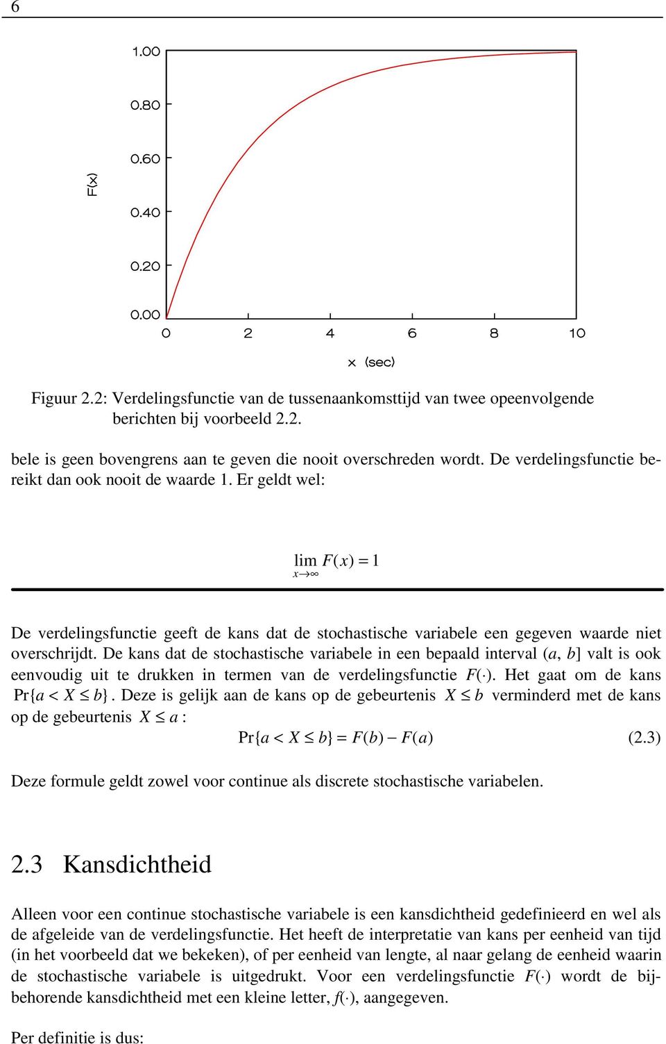 De kans dat de stochastische variabele in een bepaald interval (a, b] valt is ook eenvoudig uit te drukken in termen van de verdelingsfunctie F( ). Het gaat om de kans Pr{ a < X b}.