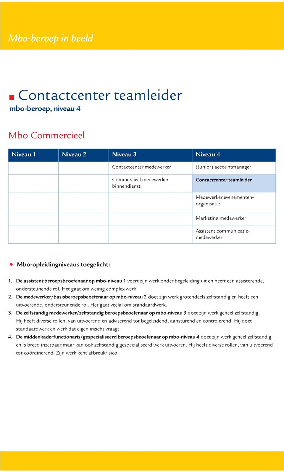 De assistent beroepsbeoefenaar op mbo-niveau 1 voert zijn werk onder begeleiding uit en heeft een assisterende, ondersteunende rol. Het gaat om weinig complex werk. 2.