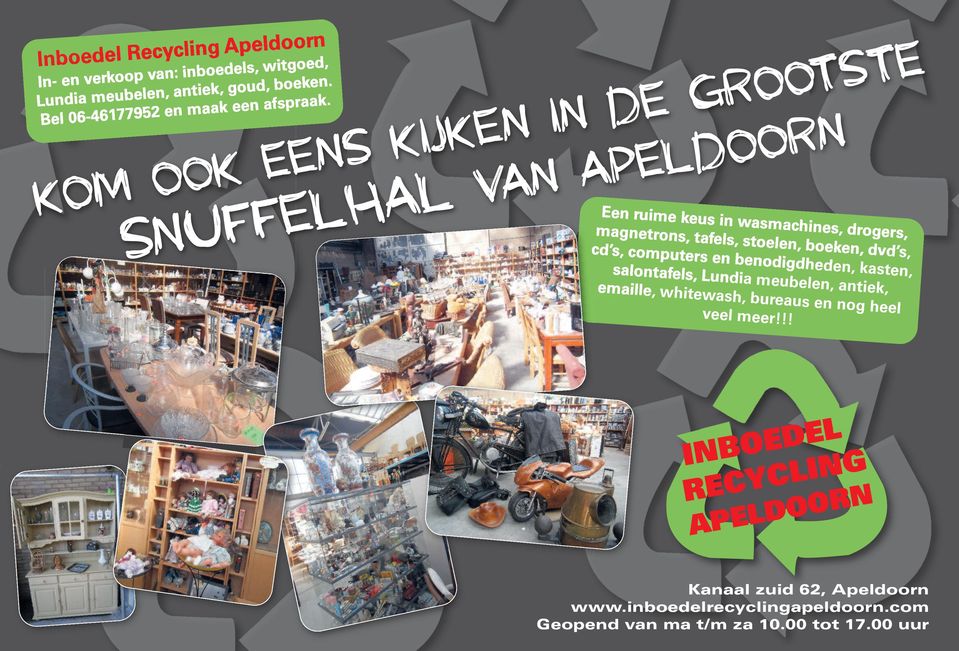 Kom ook eens kijken in de grootste Snuffelhal van Apeldoorn Een ruime keus in wasmachines, drogers, magnetrons, tafels, stoelen, boeken,