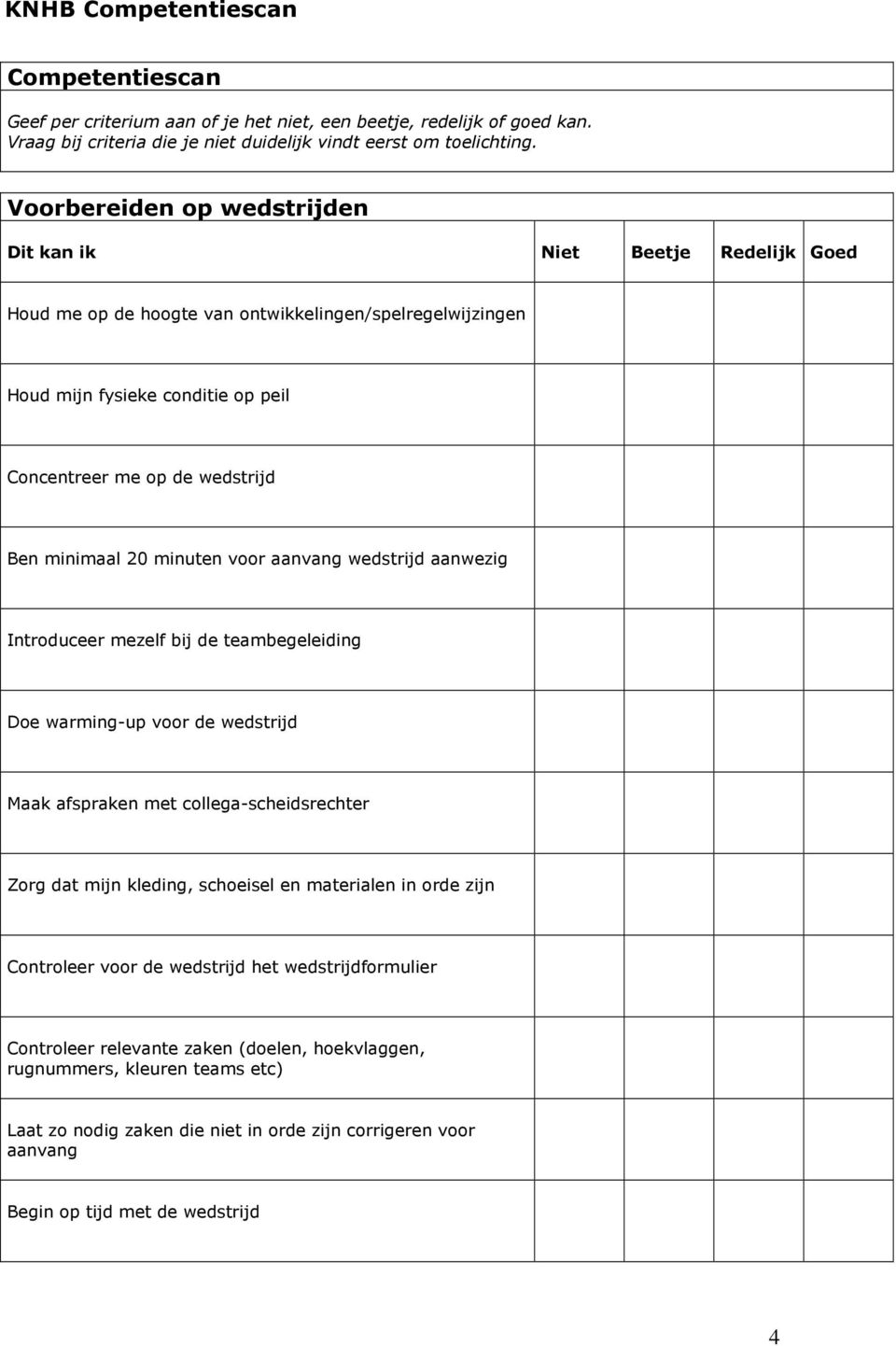 minimaal 20 minuten voor aanvang wedstrijd aanwezig Introduceer mezelf bij de teambegeleiding Doe warming-up voor de wedstrijd Maak afspraken met collega-scheidsrechter Zorg dat mijn kleding,