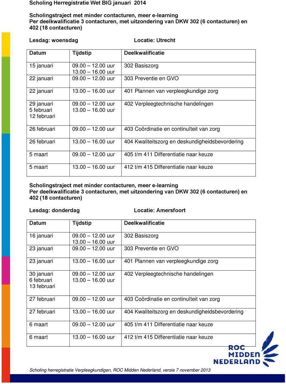 00 16.00 uur 401 Plannen van verpleegkundige zorg 29 januari 5 februari 12 februari 09.00 12.00 uur 13.00 16.00 uur 402 Verpleegtechnische handelingen 26 februari 09.00 12.00 uur 403 Coördinatie en continuïteit van zorg 26 februari 13.