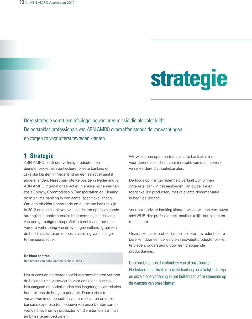 1 Strategie ABN AMRO biedt een volledig producten- en dienstenpakket aan particuliere, private banking en zakelijke klanten in Nederland en een selectief aantal andere landen.