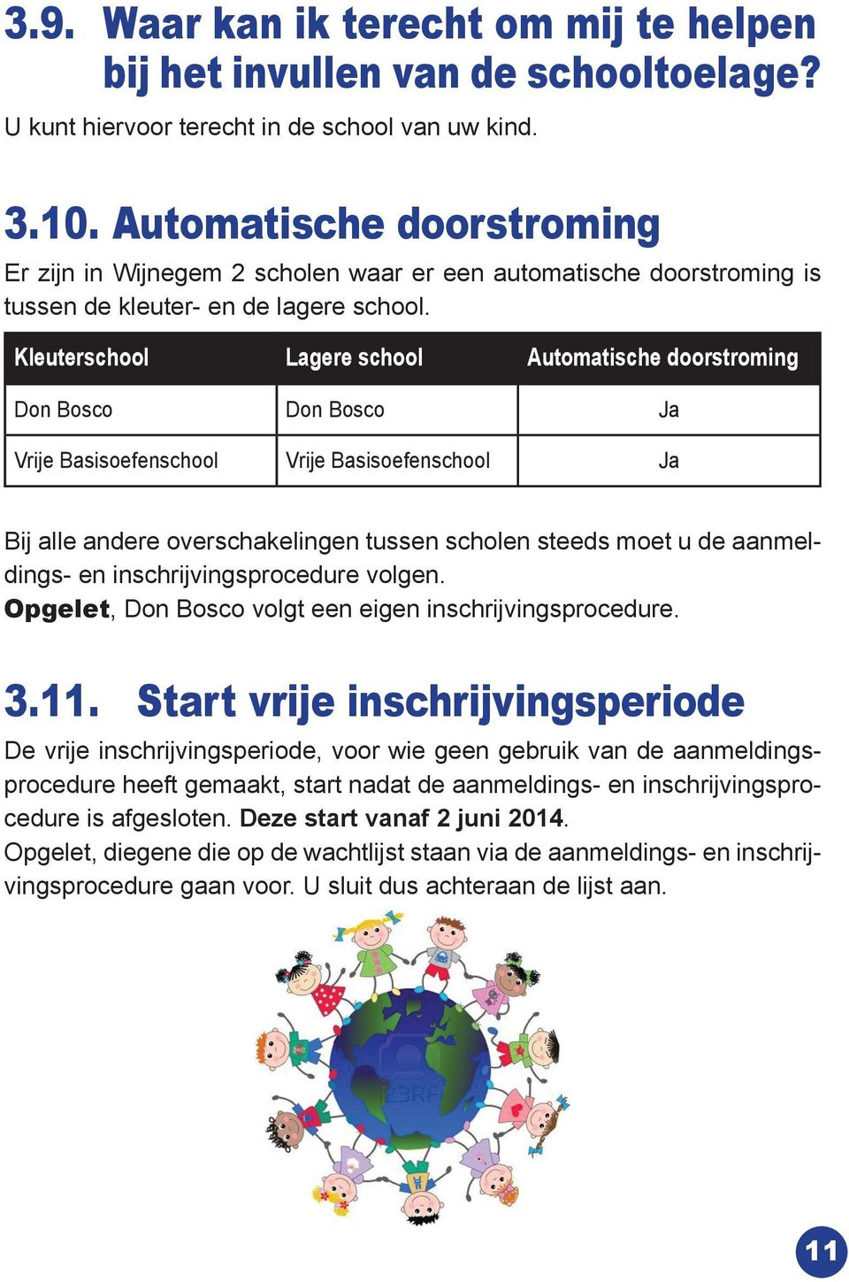 Kleuterschool Lagere school Automatische doorstroming Don Bosco Don Bosco Ja Vrije Basisoefenschool Vrije Basisoefenschool Ja Bij alle andere overschakelingen tussen scholen steeds moet u de