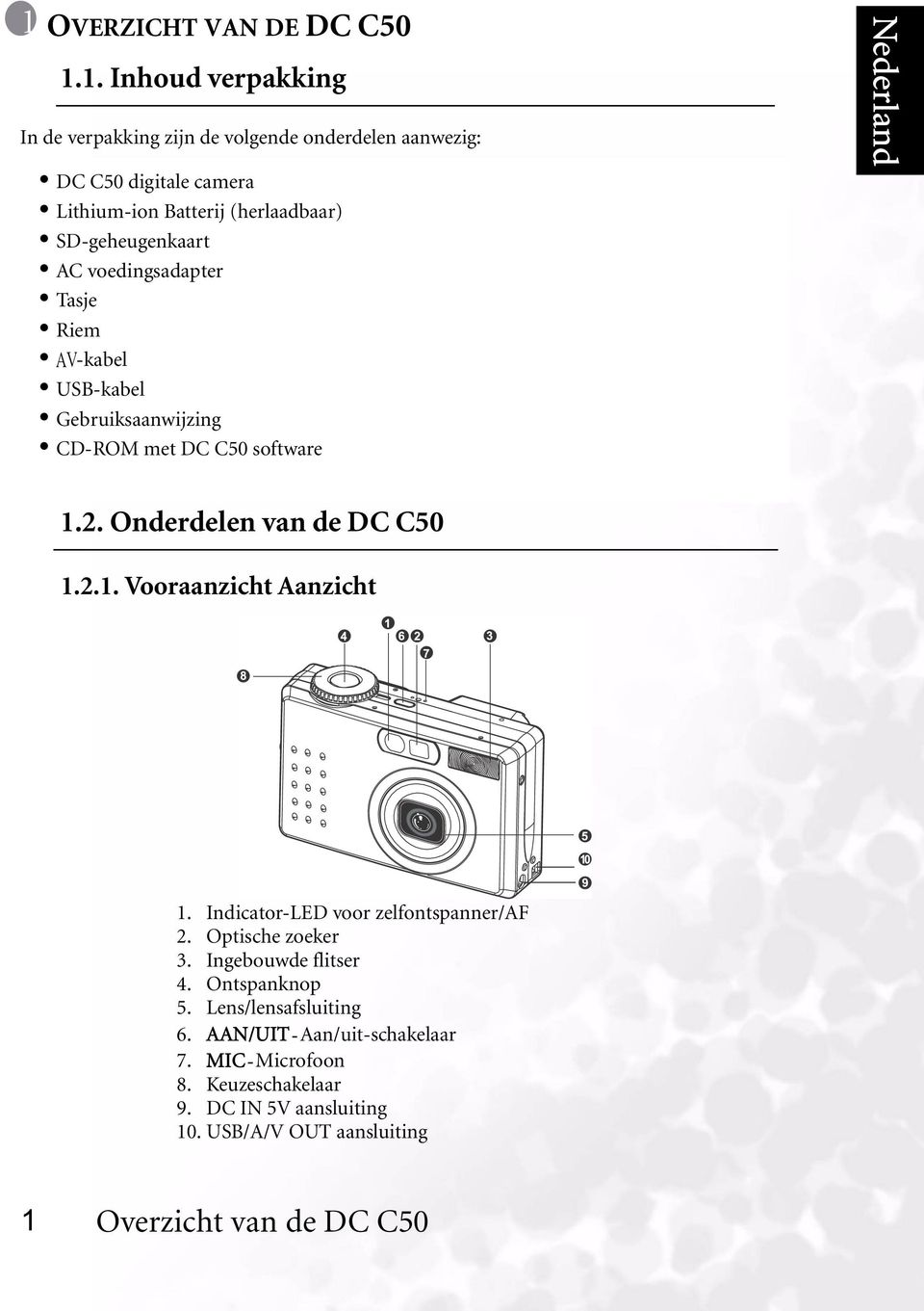 SD-geheugenkaart AC voedingsadapter Tasje Riem -kabel USB-kabel Gebruiksaanwijzing CD-ROM met DC C50 software 1.2. Onderdelen van de DC C50 1.2.1. Vooraanzicht Aanzicht 1.