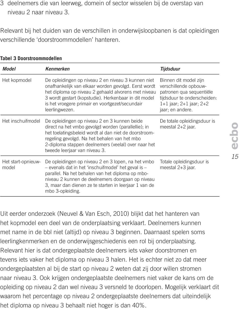 Tabel 3 Doorstroommodellen Model Kenmerken Tijdsduur Het kopmodel Het inschuifmodel Het start-opnieuwmodel De opleidingen op niveau 2 en niveau 3 kunnen niet onafhankelijk van elkaar worden gevolgd.