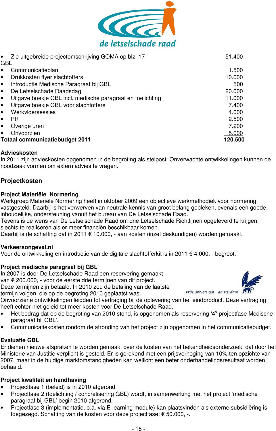 000 Totaal communicatiebudget 2011 120.500 Advieskosten In 2011 zijn advieskosten opgenomen in de begroting als stelpost.