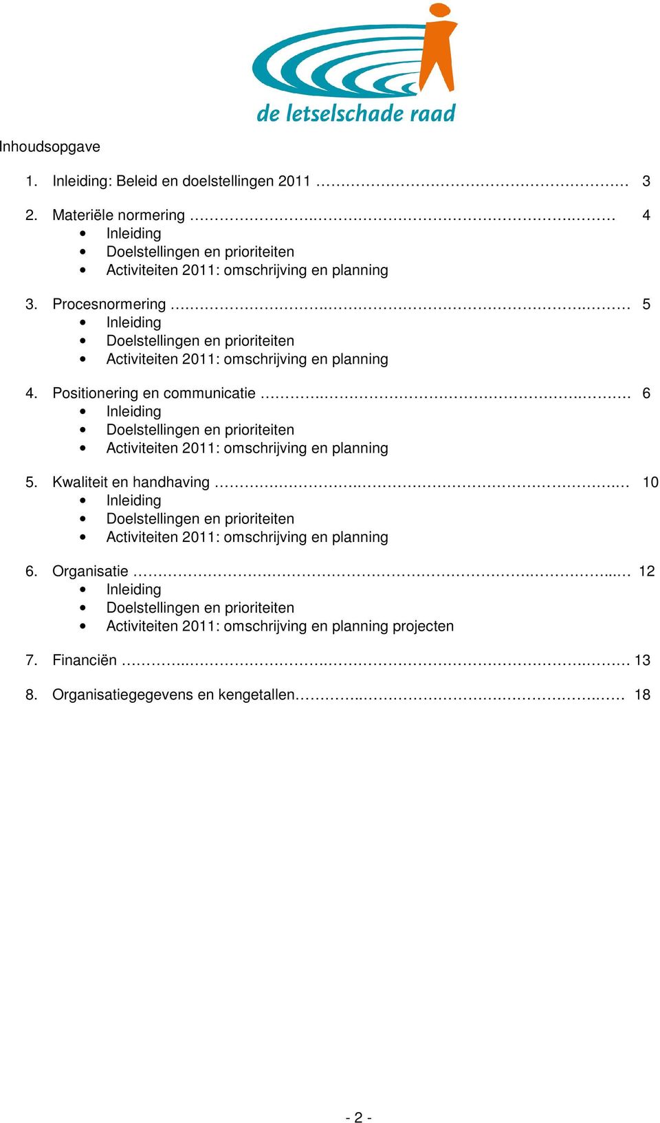 .. 6 Inleiding Doelstellingen en prioriteiten Activiteiten 2011: omschrijving en planning 5. Kwaliteit en handhaving.