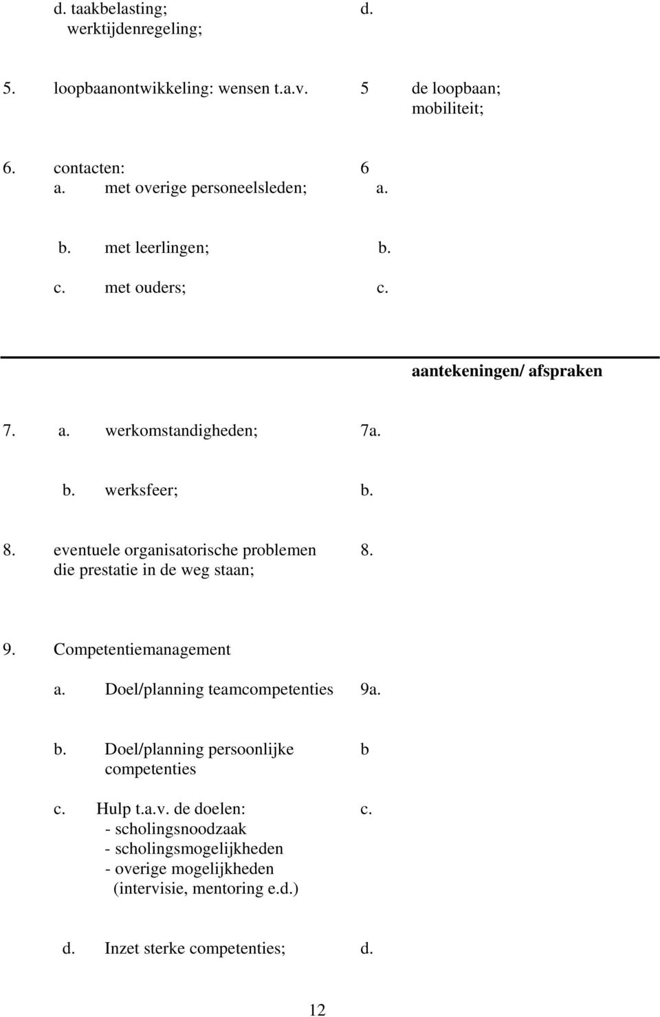 eventuele organisatorische problemen 8. die prestatie in de weg staan; 9. Competentiemanagement a. Doel/planning teamcompetenties 9a. b.