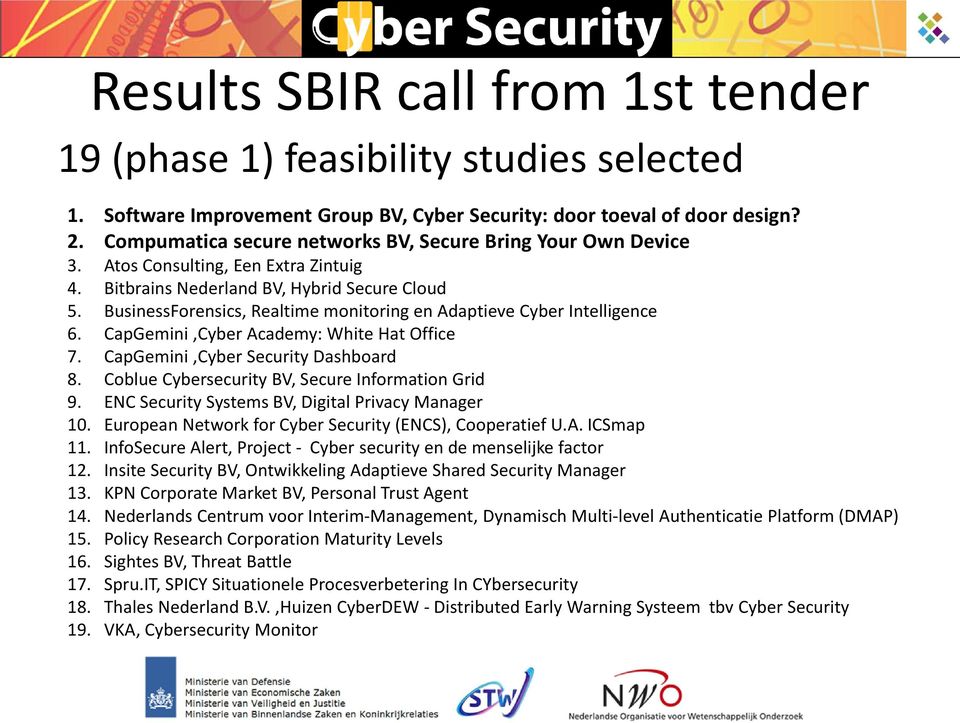 BusinessForensics, Realtime monitoring en Adaptieve Cyber Intelligence 6. CapGemini,Cyber Academy: White Hat Office 7. CapGemini,Cyber Security Dashboard 8.