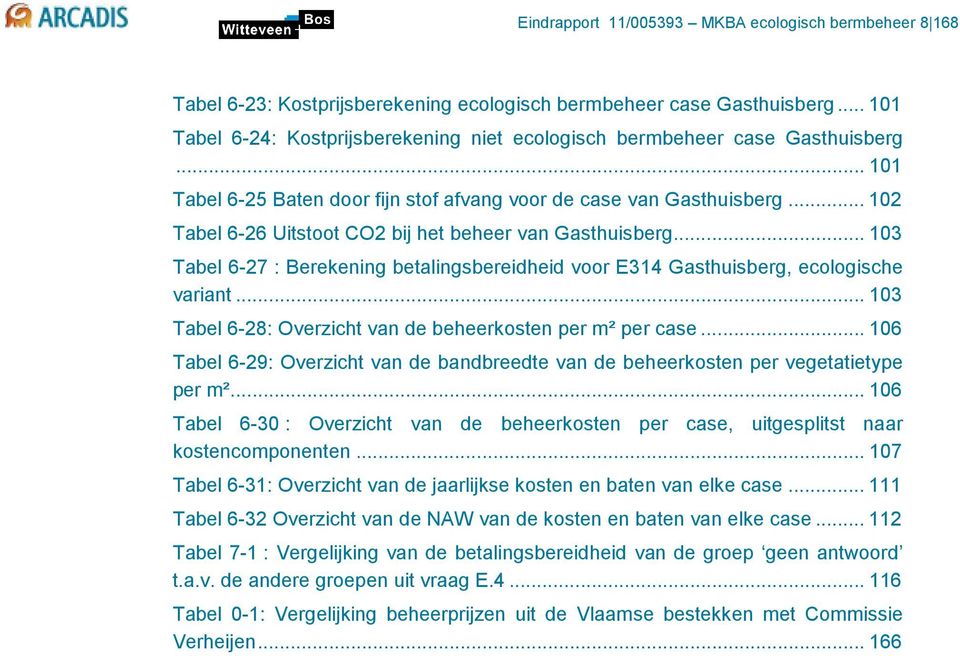 .. 102 Tabel 6-26 Uitstoot CO2 bij het beheer van Gasthuisberg... 103 Tabel 6-27 : Berekening betalingsbereidheid voor E314 Gasthuisberg, ecologische variant.