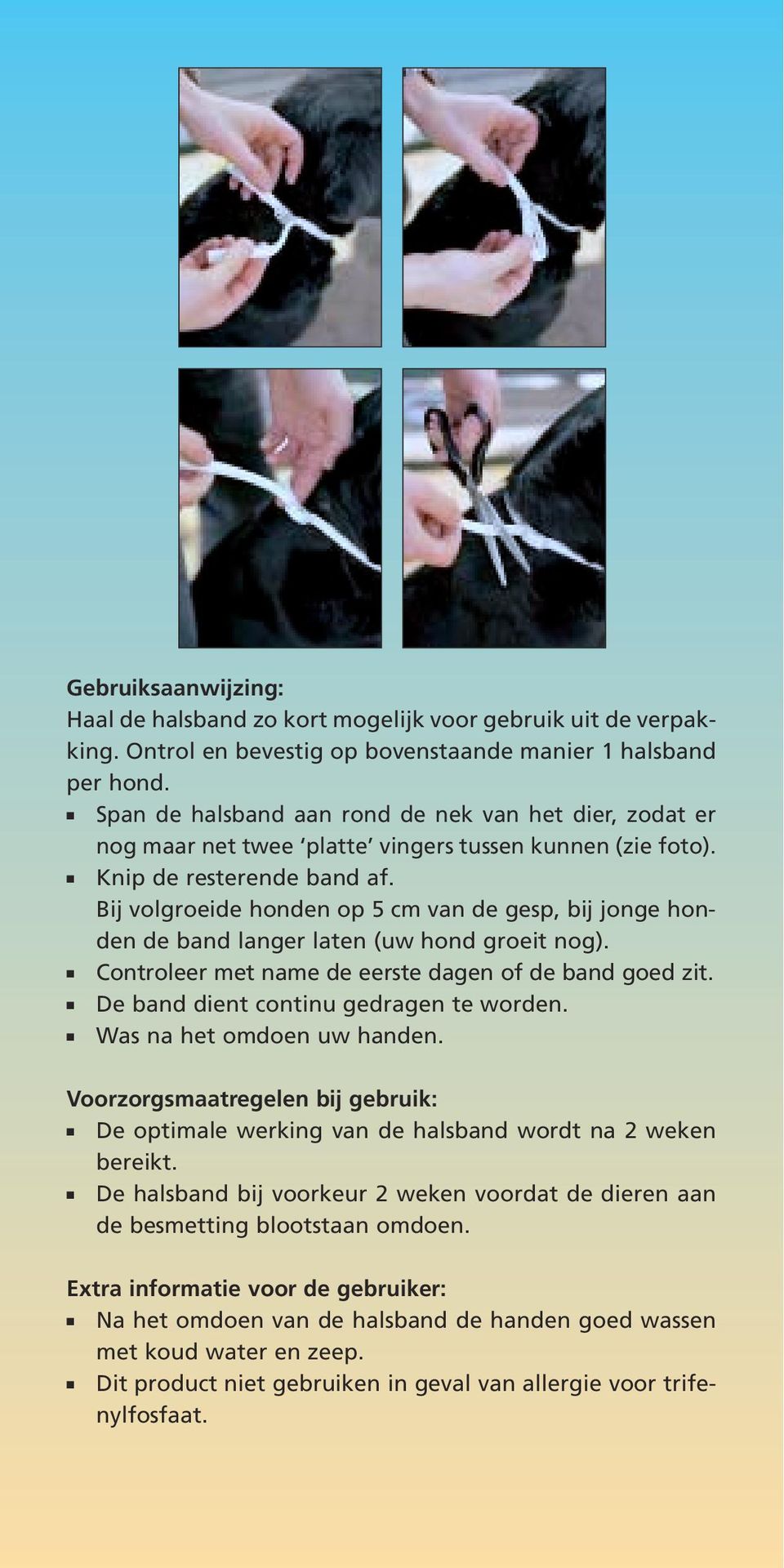 Bij volgroeide honden op 5 cm van de gesp, bij jonge honden de band langer laten (uw hond groeit nog). Controleer met name de eerste dagen of de band goed zit.