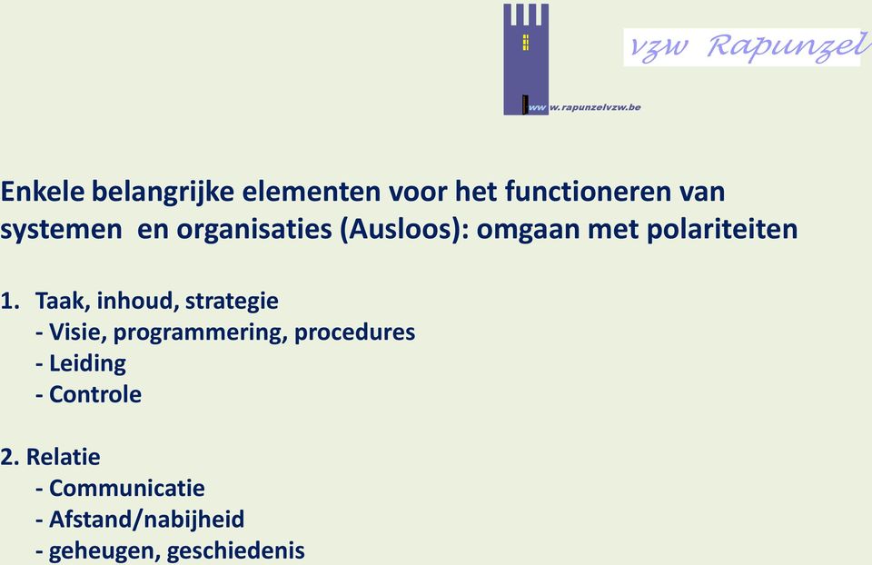 Taak, inhoud, strategie - Visie, programmering, procedures -