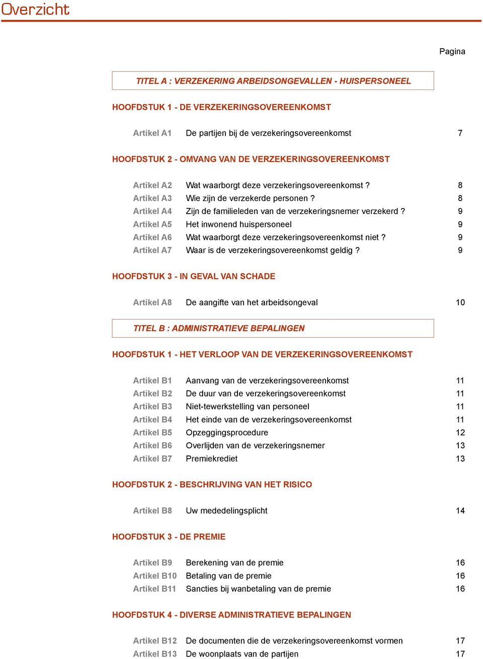 9 Artikel A5 Het inwonend huispersoneel 9 Artikel A6 Wat waarborgt deze verzekeringsovereenkomst niet? 9 Artikel A7 Waar is de verzekeringsovereenkomst geldig?