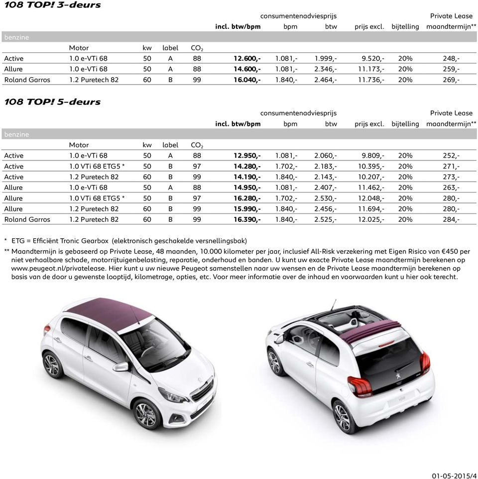 5-deurs benzine consumentenadviesprijs Private Lease incl. btw/bpm bpm btw prijs excl. bijtelling maandtermijn** Motor kw label CO 2 Active 1.0 e-vti 68 50 A 88 12.950,- 1.081,- 2.060,- 9.