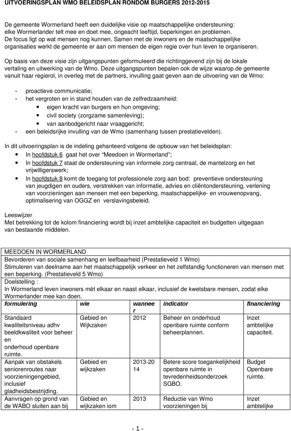 Op basis van deze visie zijn uitgangspunten gefomuleed die ichtinggevend zijn bij de lokale vetaling en uitweking van de Wmo.