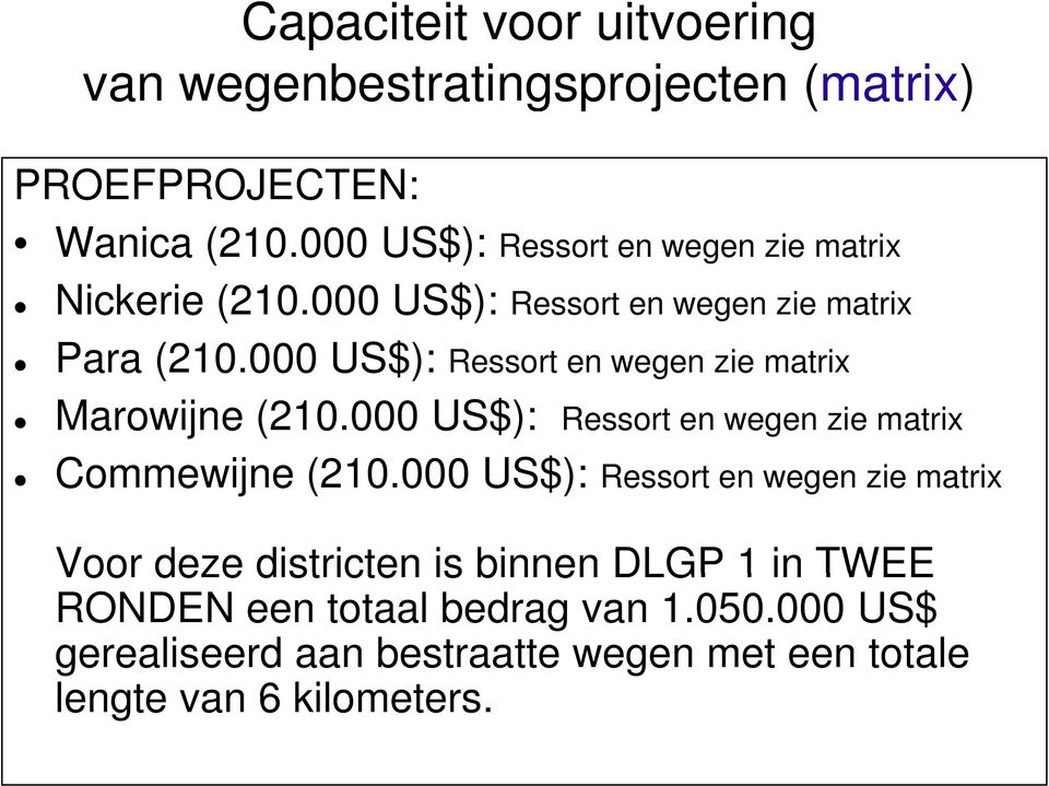 000 US$): Ressort en wegen zie matrix Marowijne (210.000 US$): Ressort en wegen zie matrix Commewijne (210.