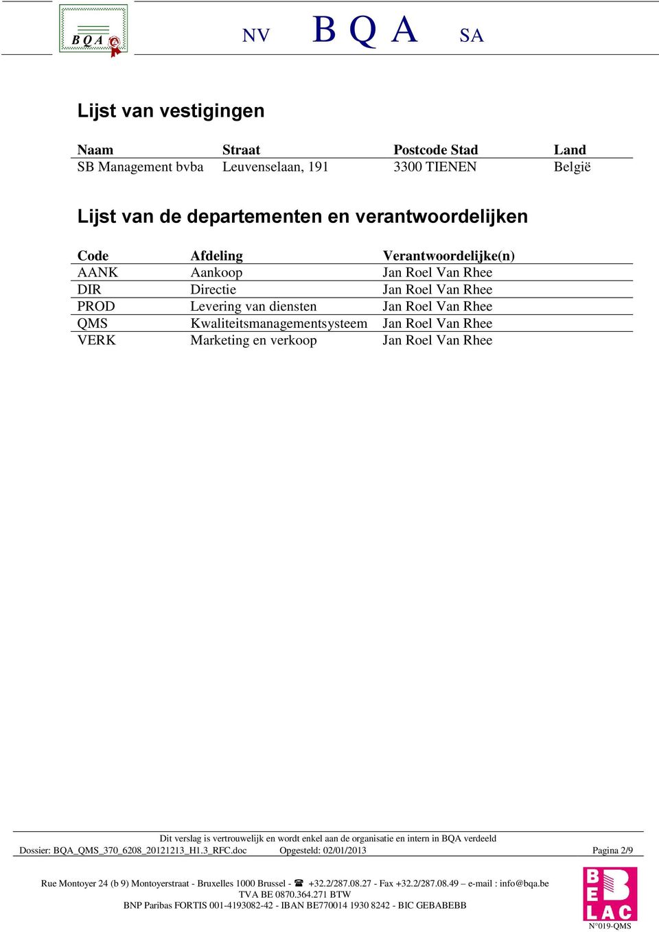 Verantwoordelijke(n) AANK Aankoop DIR Directie PROD Levering van diensten QS