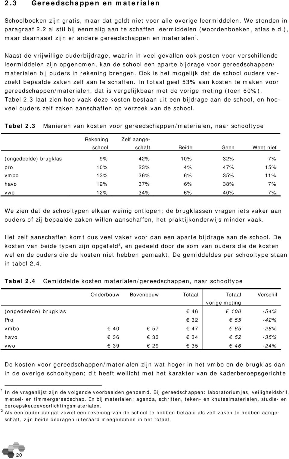 Naast de vrijwillige ouderbijdrage, waarin in veel gevallen ook posten voor verschillende leermiddelen zijn opgenomen, kan de school een aparte bijdrage voor gereedschappen/ materialen bij ouders in