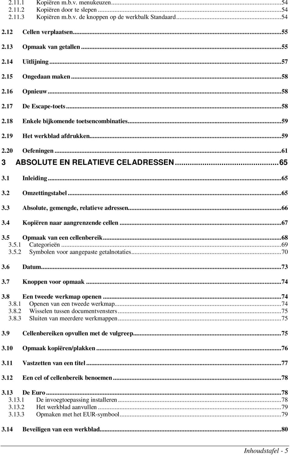 ..61 3 ABSOLUTE EN RELATIEVE CELADRESSEN...65 3.1 Inleiding...65 3.2 Omzettingstabel...65 3.3 Absolute, gemengde, relatieve adressen...66 3.4 Kopiëren naar aangrenzende cellen...67 3.