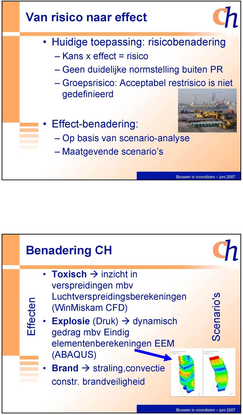 scenario s Benadering CH Effecten Toxisch inzicht in verspreidingen mbv Luchtverspreidingsberekeningen (WinMiskam CFD)