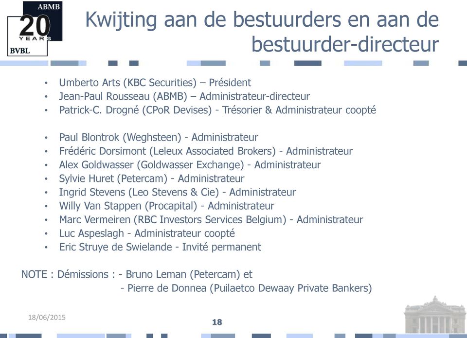 Exchange) - Administrateur Sylvie Huret (Petercam) - Administrateur Ingrid Stevens (Leo Stevens & Cie) - Administrateur Willy Van Stappen (Procapital) - Administrateur Marc Vermeiren (RBC