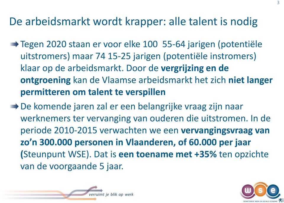 Door de vergrijzing en de ontgroening kan de Vlaamse arbeidsmarkt het zich niet langer permitteren om talent te verspillen De komende jaren zal er een