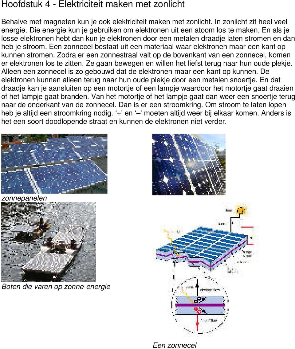 Een zonnecel bestaat uit een materiaal waar elektronen maar een kant op kunnen stromen. Zodra er een zonnestraal valt op de bovenkant van een zonnecel, komen er elektronen los te zitten.