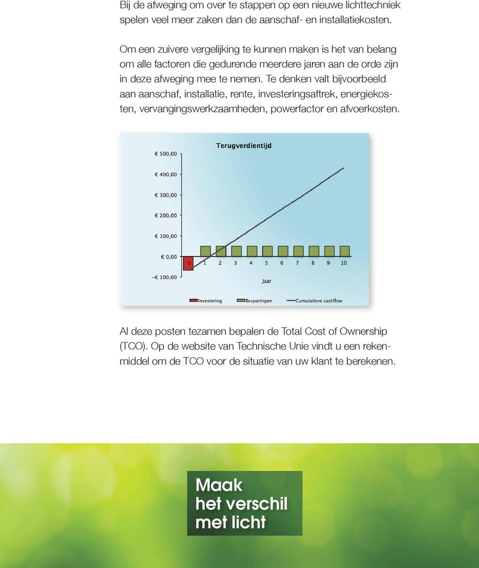 Te denken valt bijvoorbeeld aan aanschaf, installatie, rente, investeringsaftrek, energiekosten, vervangingswerkzaamheden, powerfactor en afvoerkosten.