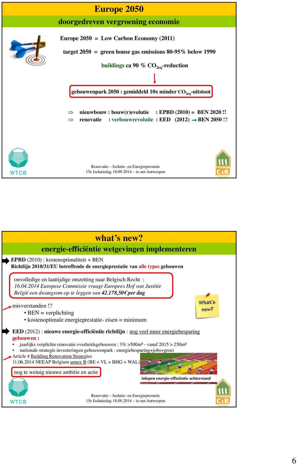 energie-efficiëntie wetgevingen implementeren EPBD (2010) : kostenoptimaliteit + BEN Richtlijn 2010/31/EU betreffende de energieprestatie van alle types gebouwen onvolledige en laattijdige omzetting