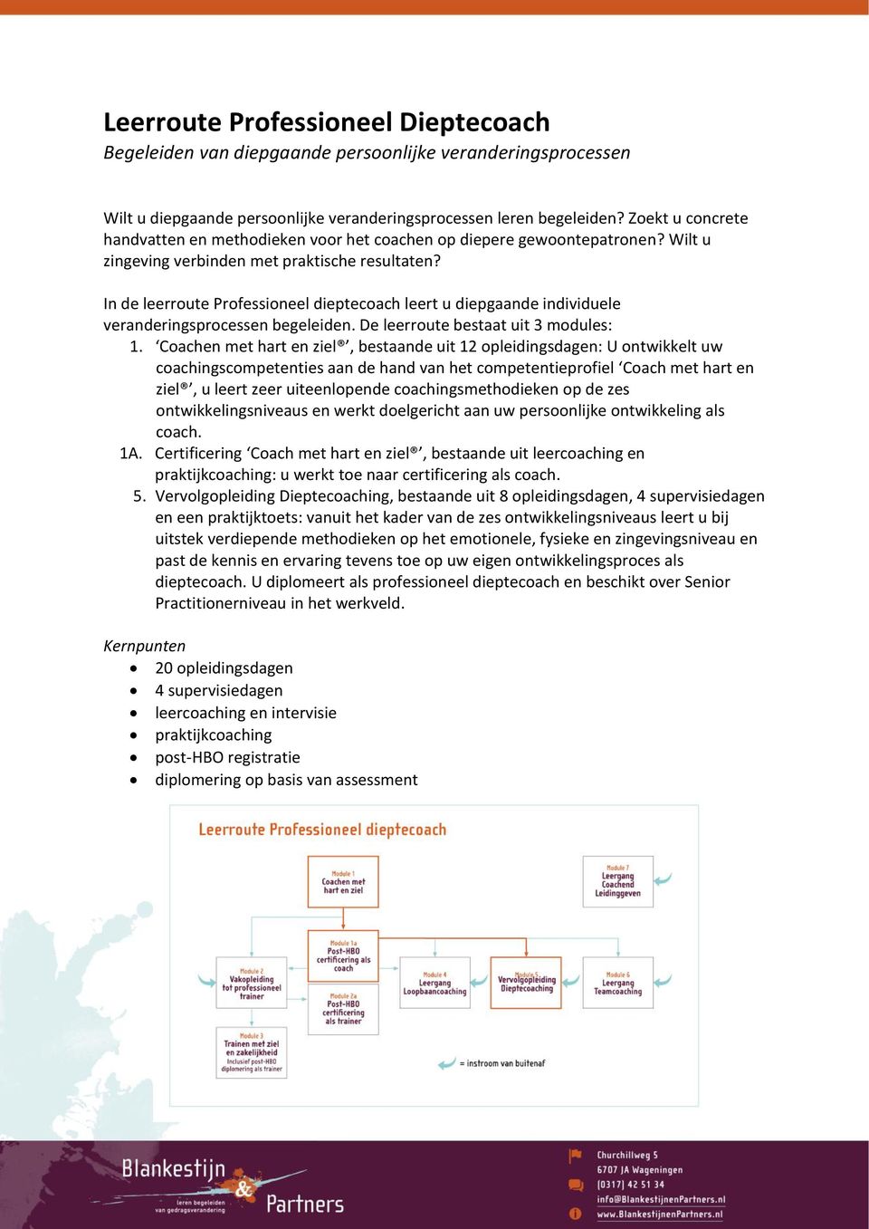 In de leerroute Professioneel dieptecoach leert u diepgaande individuele veranderingsprocessen begeleiden. De leerroute bestaat uit 3 modules: 1.