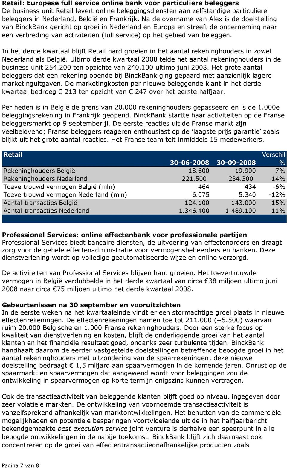 Na de overname van Alex is de doelstelling van BinckBank gericht op groei in Nederland en Europa en streeft de onderneming naar een verbreding van activiteiten (full service) op het gebied van