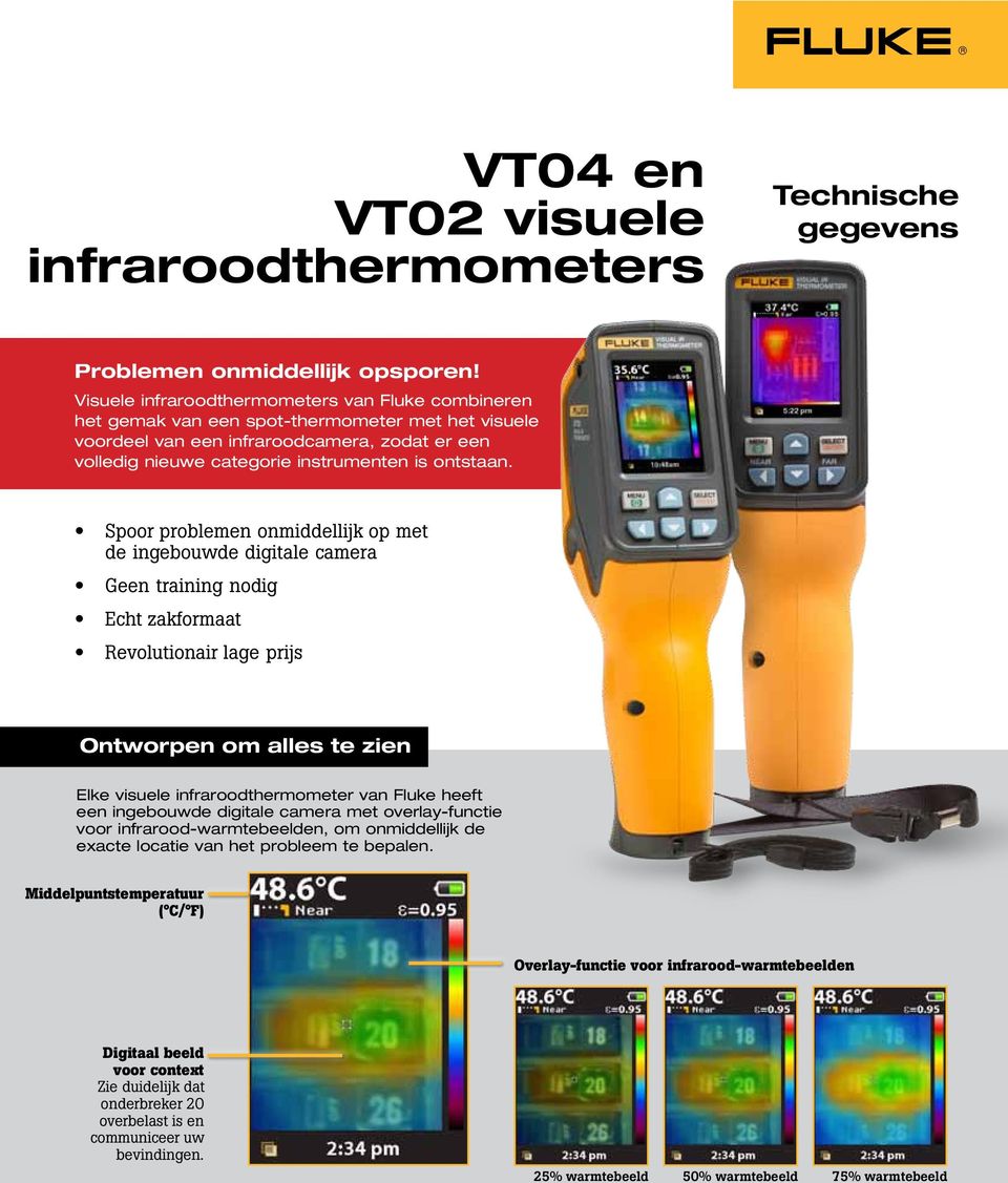 Spoor problemen onmiddellijk op met de ingebouwde digitale camera Echt zakformaat Revolutionair lage prijs Ontworpen om alles te zien Elke visuele infraroodthermometer van Fluke heeft een ingebouwde