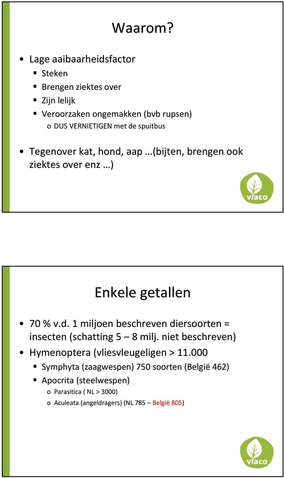 de spuitbus Tegenover kat, hond, aap (bijten, brengen ook ziektes over enz ) Enkele getallen 70 % v.d. 1 miljoen beschreven diersoorten = insecten (schatting 5 8 milj.