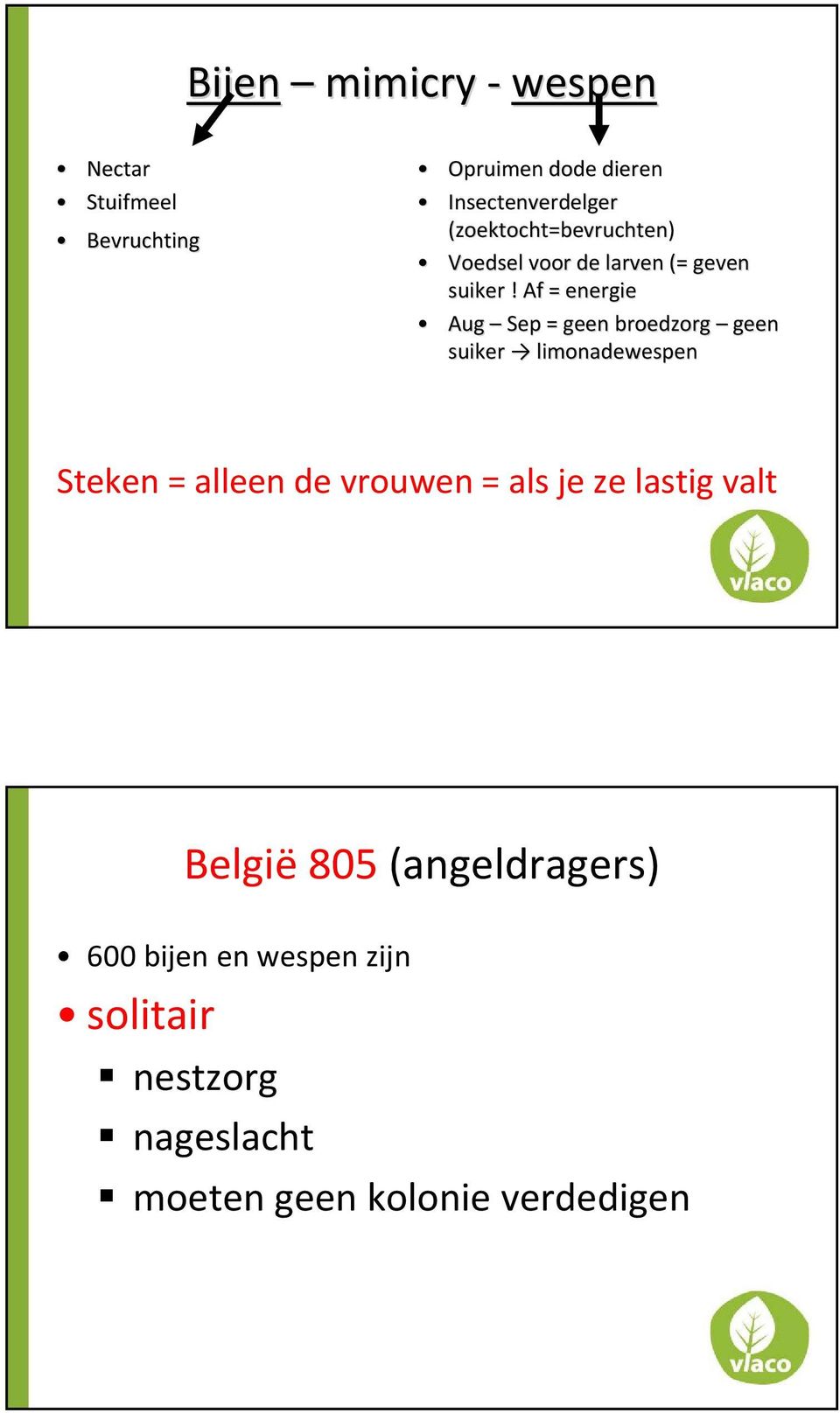 Af = energie Aug Sep = geen broedzorg geen suiker limonadewespen Steken = alleen de vrouwen =