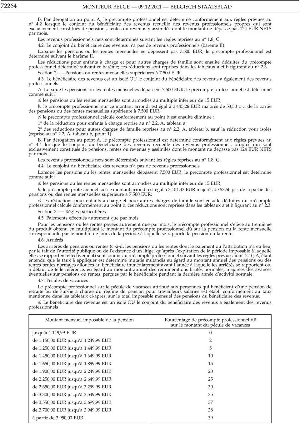 pas 124 EUR NETS par mois. Les revenus professionnels nets sont déterminés suivant les règles reprises au n 1.8, C. 4.2. Le conjoint du bénéficiaire des revenus n a pas de revenus professionnels (barème II) Lorsque les pensions ou les rentes mensuelles ne dépassent pas 7.