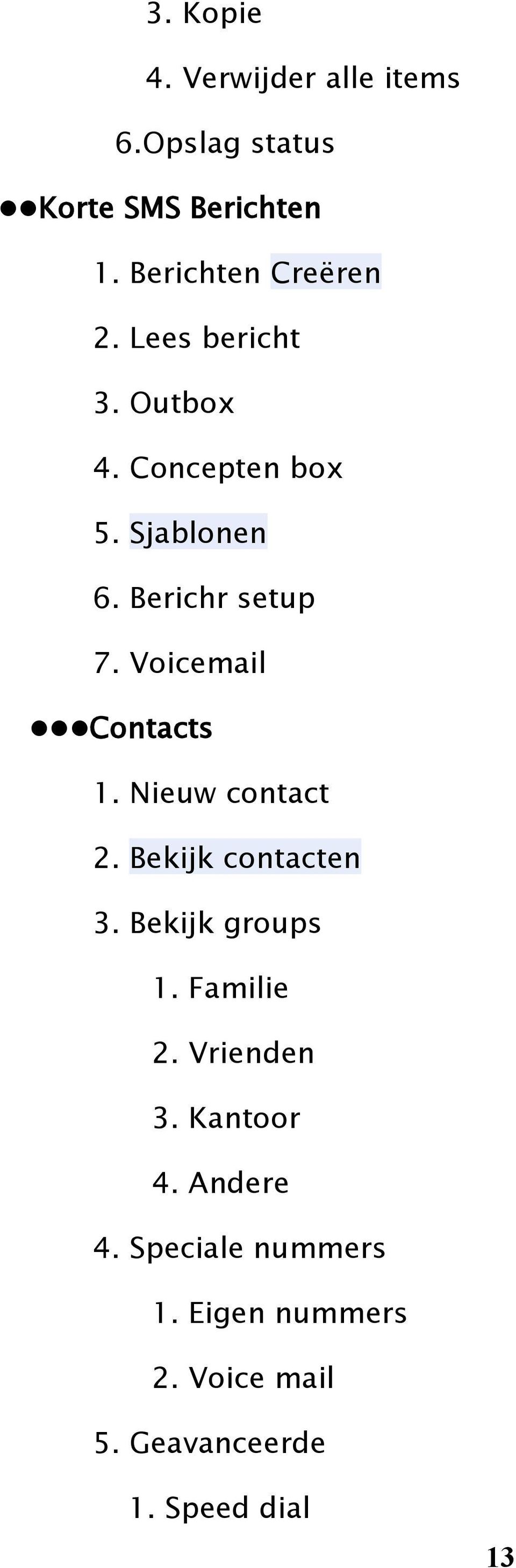 Voicemail Contacts 1. Nieuw contact 2. Bekijk contacten 3. Bekijk groups 1. Familie 2.