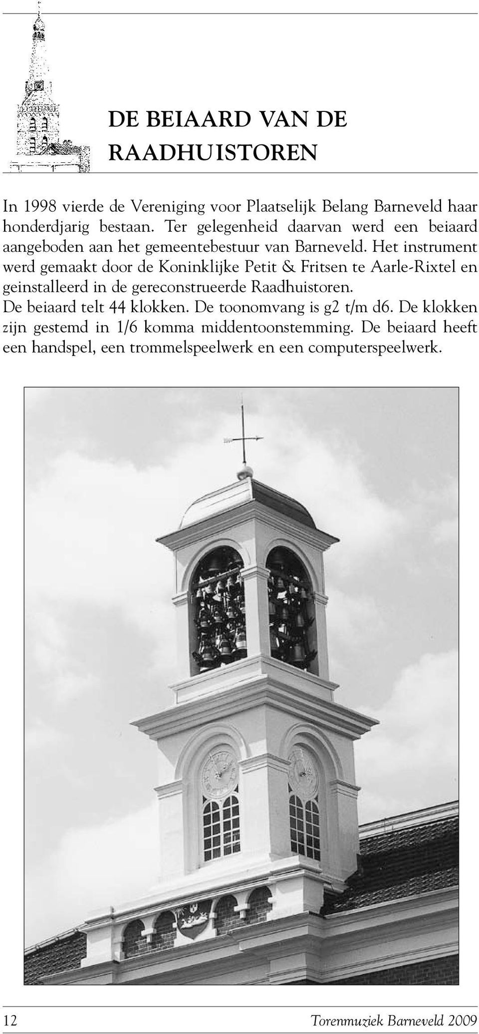 Het instrument werd gemaakt door de Koninklijke Petit & Fritsen te Aarle-Rixtel en geinstalleerd in de gereconstrueerde Raadhuistoren.