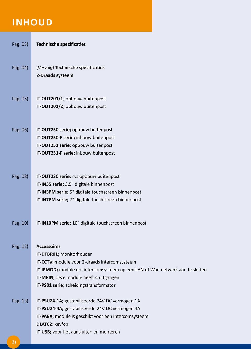08) IT-OUT230 serie; rvs opbouw buitenpost IT-IN35 serie; 3,5" digitale binnenpost IT-IN5PM serie; 5" digitale touchscreen binnenpost IT-IN7PM serie; 7" digitale touchscreen binnenpost Pag.