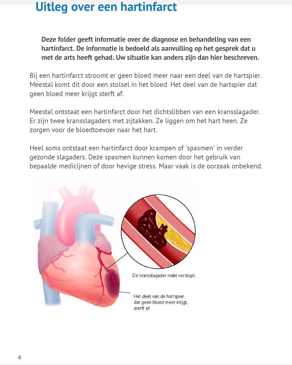 Het deel van de hartspier dat geen bloed meer krijgt sterft af. Meestal ontstaat een hartinfarct door het dichtslibben van een kransslagader. Er zijn twee kransslagaders met zijtakken.