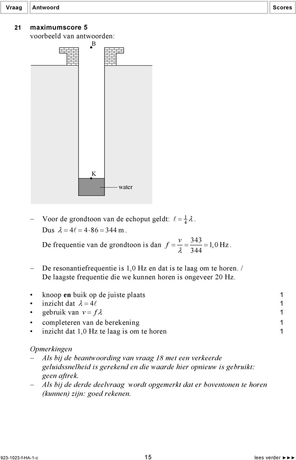 knoop en buik op de juiste plaats inzicht dat λ = 4 gebruik van v= fλ completeren van de berekening inzicht dat,0 Hz te laag is om te horen Opmerkingen Als bij de beantwoording van