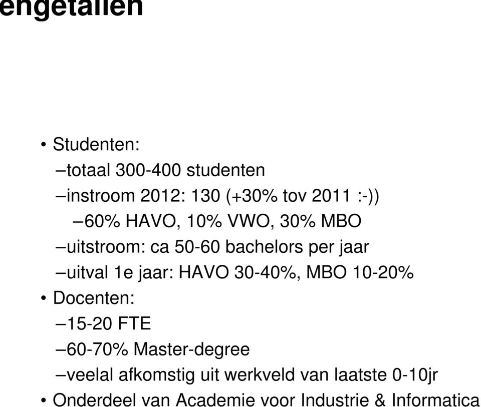 jaar: HAVO 30-40%, MBO 10-20% Docenten: 15-20 FTE 60-70% Master-degree veelal