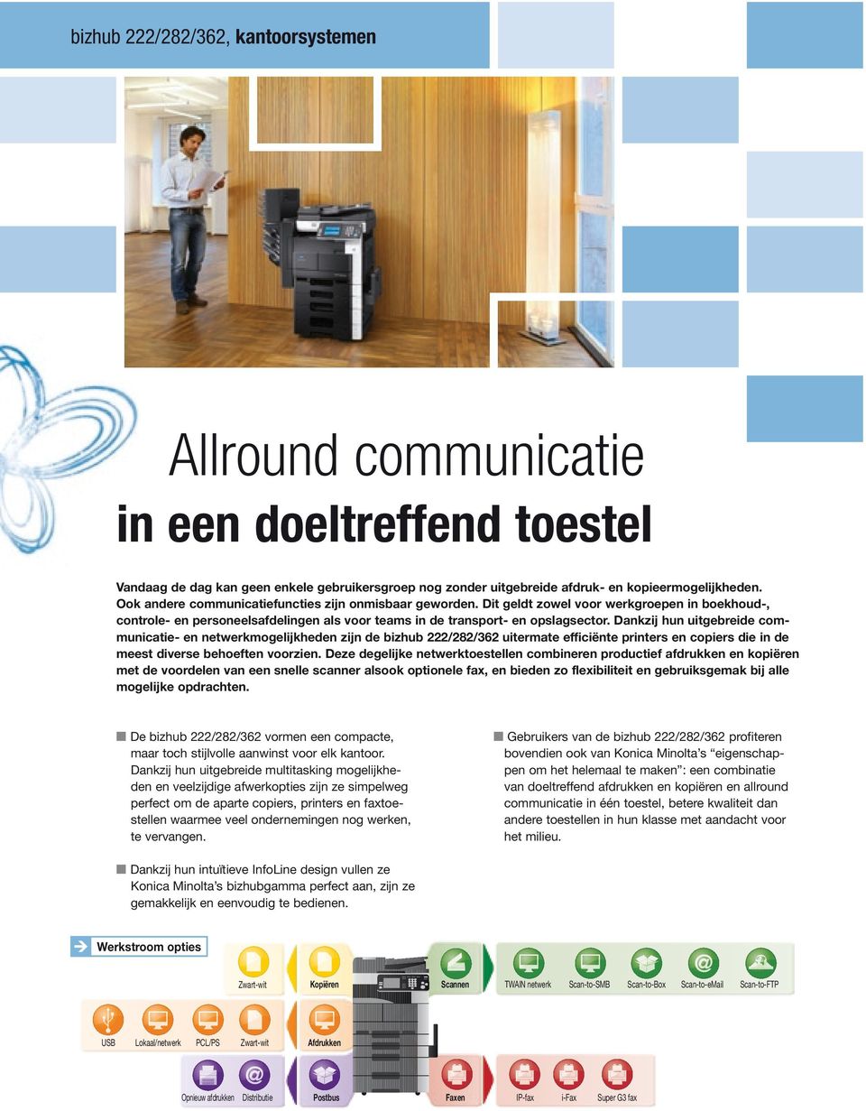 Dankzij hun uitgebreide communicatie- en netwerkmogelijkheden zijn de bizhub 222/282/362 uitermate efficiënte printers en copiers die in de meest diverse behoeften voorzien.