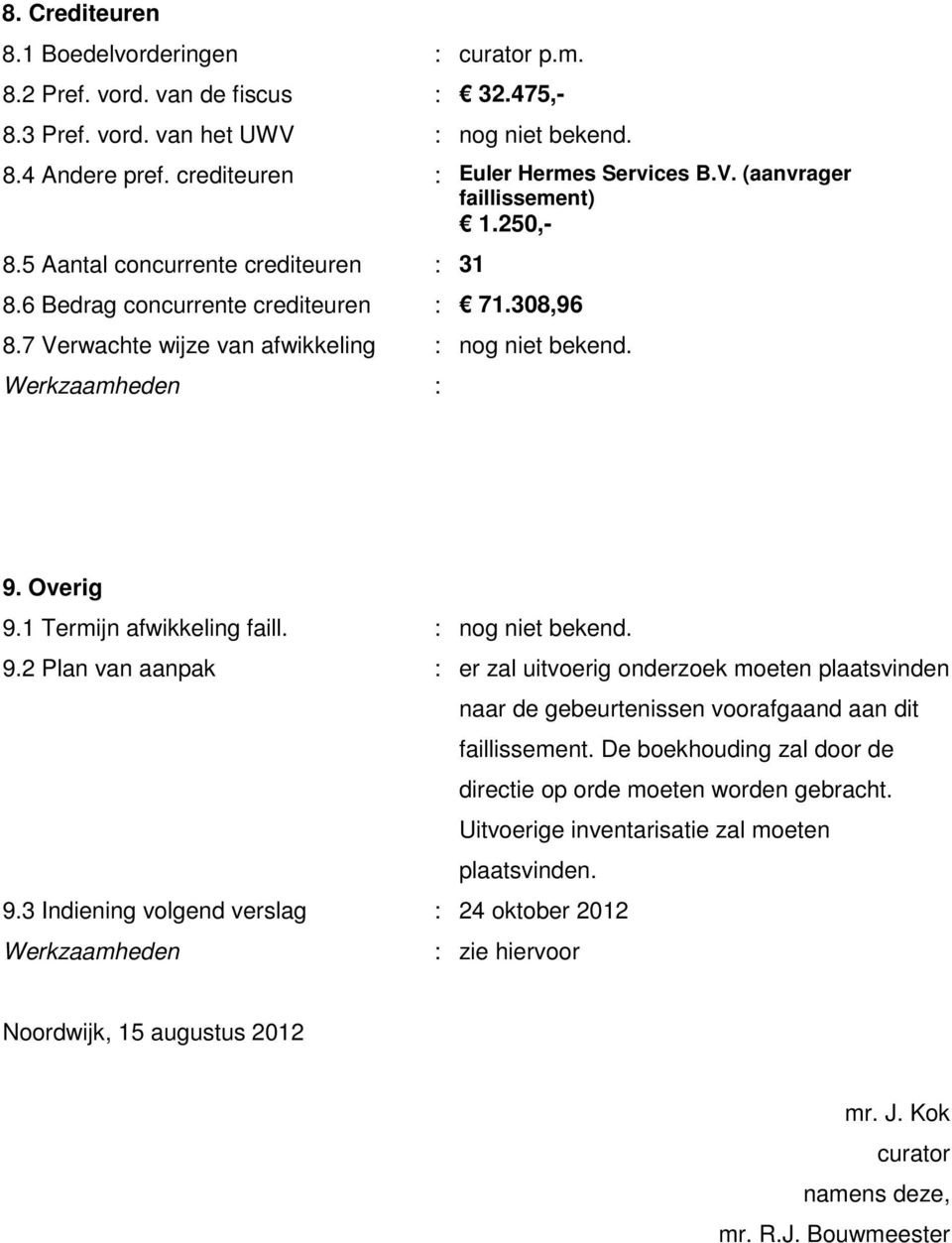 : nog niet bekend. 9.2 Plan van aanpak : er zal uitvoerig onderzoek moeten plaatsvinden naar de gebeurtenissen voorafgaand aan dit faillissement.