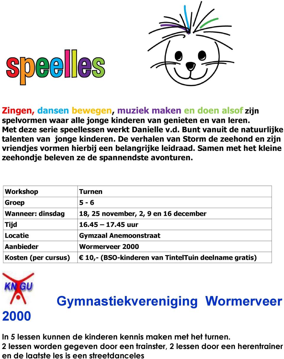 Workshop Turnen Groep 5-6 Wanneer: dinsdag 18, 25 november, 2, 9 en 16 december 16.45 17.