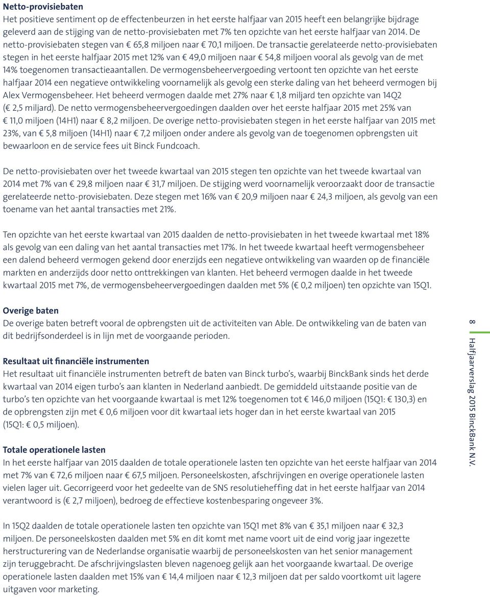 De transactie gerelateerde netto-provisiebaten stegen in het eerste halfjaar 2015 met 12% van 49,0 miljoen naar 54,8 miljoen vooral als gevolg van de met 14% toegenomen transactieaantallen.