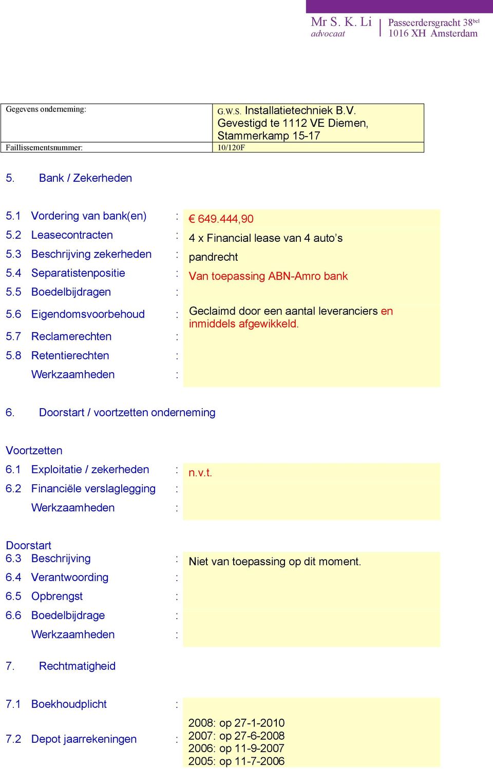 8 Retentierechten : 6. Doorstart / voortzetten onderneming Voortzetten 6.1 Exploitatie / zekerheden : n.v.t. 6.2 Financiële verslaglegging : Doorstart 6.