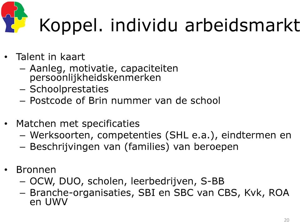 Schoolprestaties Postcode of Brin nummer van de school Matchen met specificaties Werksoorten,