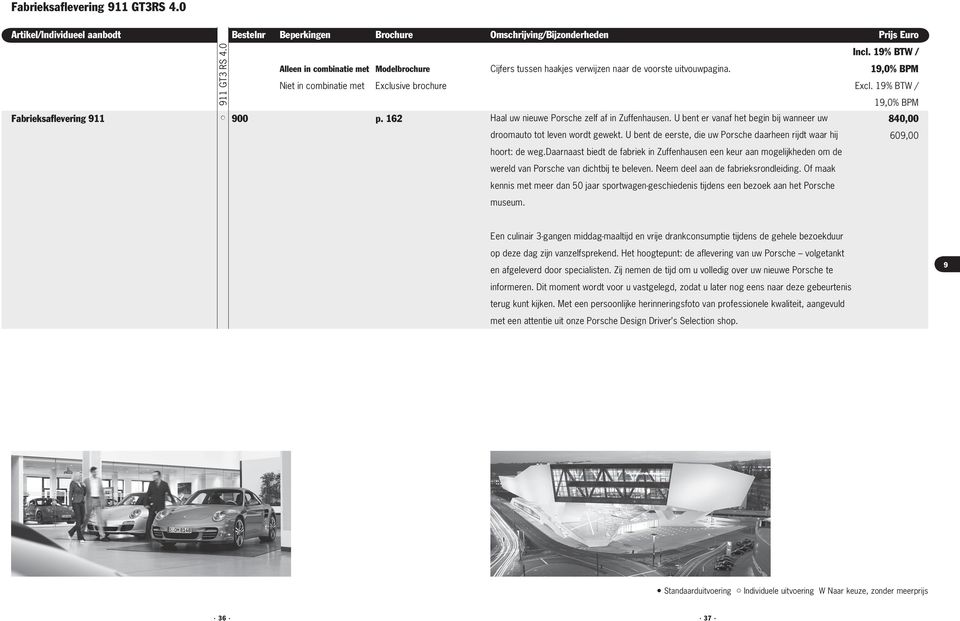 Niet in combinatie met brochure Fabrieksaflevering 911 900 p. 162 Haal uw nieuwe Porsche zelf af in Zuffenhausen. U bent er vanaf het begin bij wanneer uw droomauto tot leven wordt gewekt.