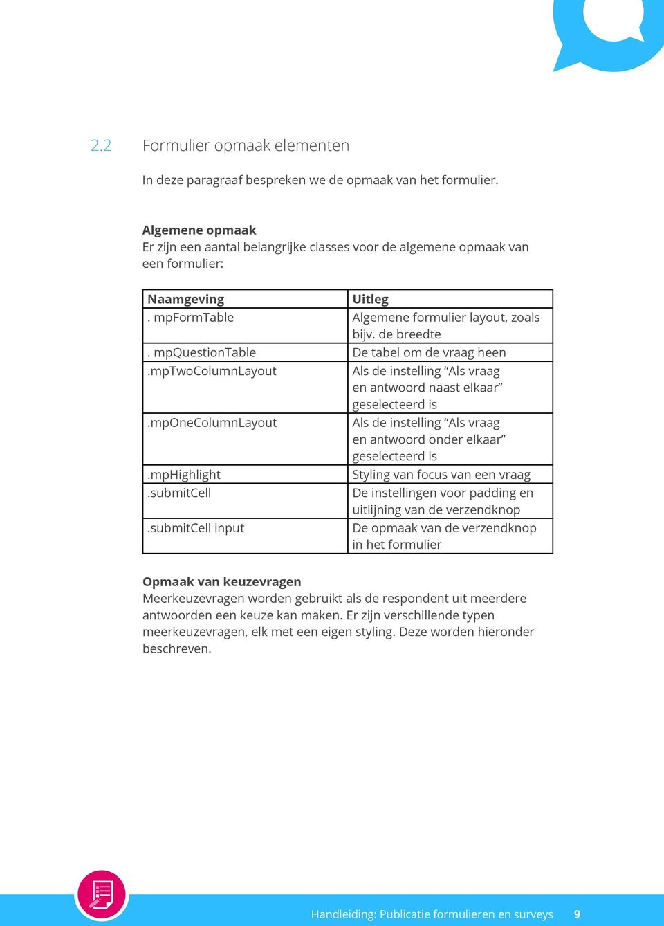 mponecolumnlayout Als de instelling Als vraag en antwoord onder elkaar geselecteerd is.mphighlight Styling van focus van een vraag.